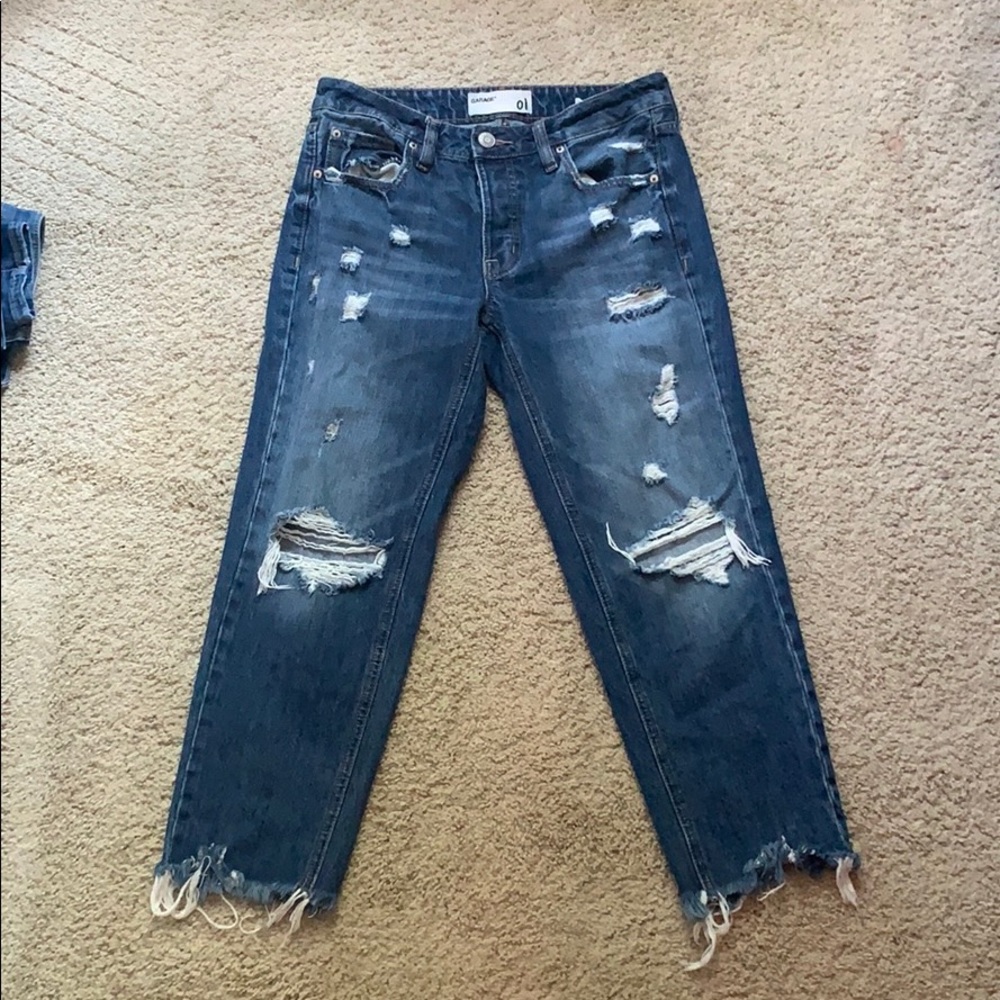 garage straight legged cropped jeans with rips